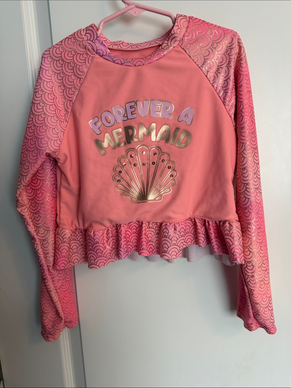 Forever a Mermaid Rash Guard Pink Gold Foil Mermaid Scale Rhinestone Ruffle S 10